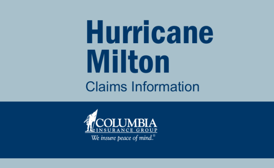 Two-tone, blue and blue-green graphic reading "Hurricane Milton Claims Information" with the Columbia logo.