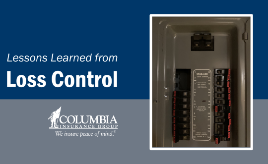 Graphic reading "Lessons Learned from Loss Control" with a photo of a Federal Pacific (FPE) Stab-Lok style circuit breaker.