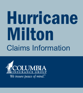 Two-tone, blue and blue-green graphic reading "Hurricane Milton Claims Information" with the Columbia logo.