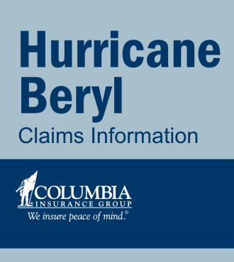 Blue two-toned graphic that reads "Hurricane Beryl Claims Info"