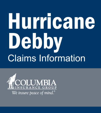 Blue and grey two-toned graphic that reads "Hurricane Debby Claims Info"