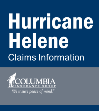 Blue and gray graphic with a white logo and white letters reading "Hurricane Helene Claims Information"